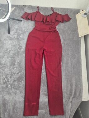 Red Off-Shoulder Ruffle Jumpsuit